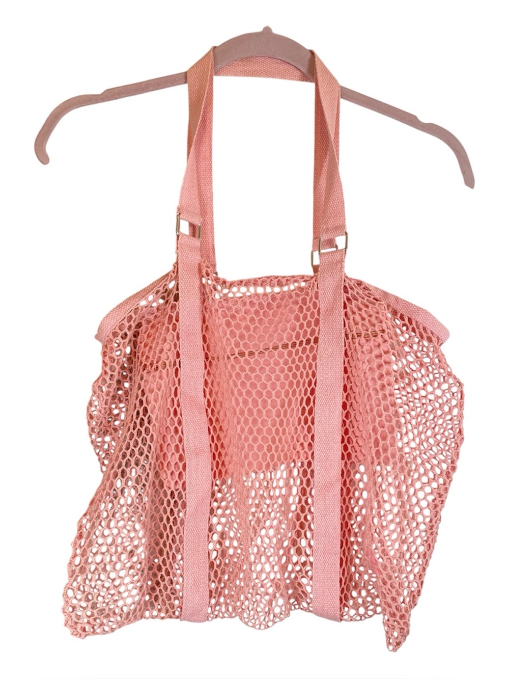French Market Mesh Tote Bag Inside Zippered Pocket Pastel Pink